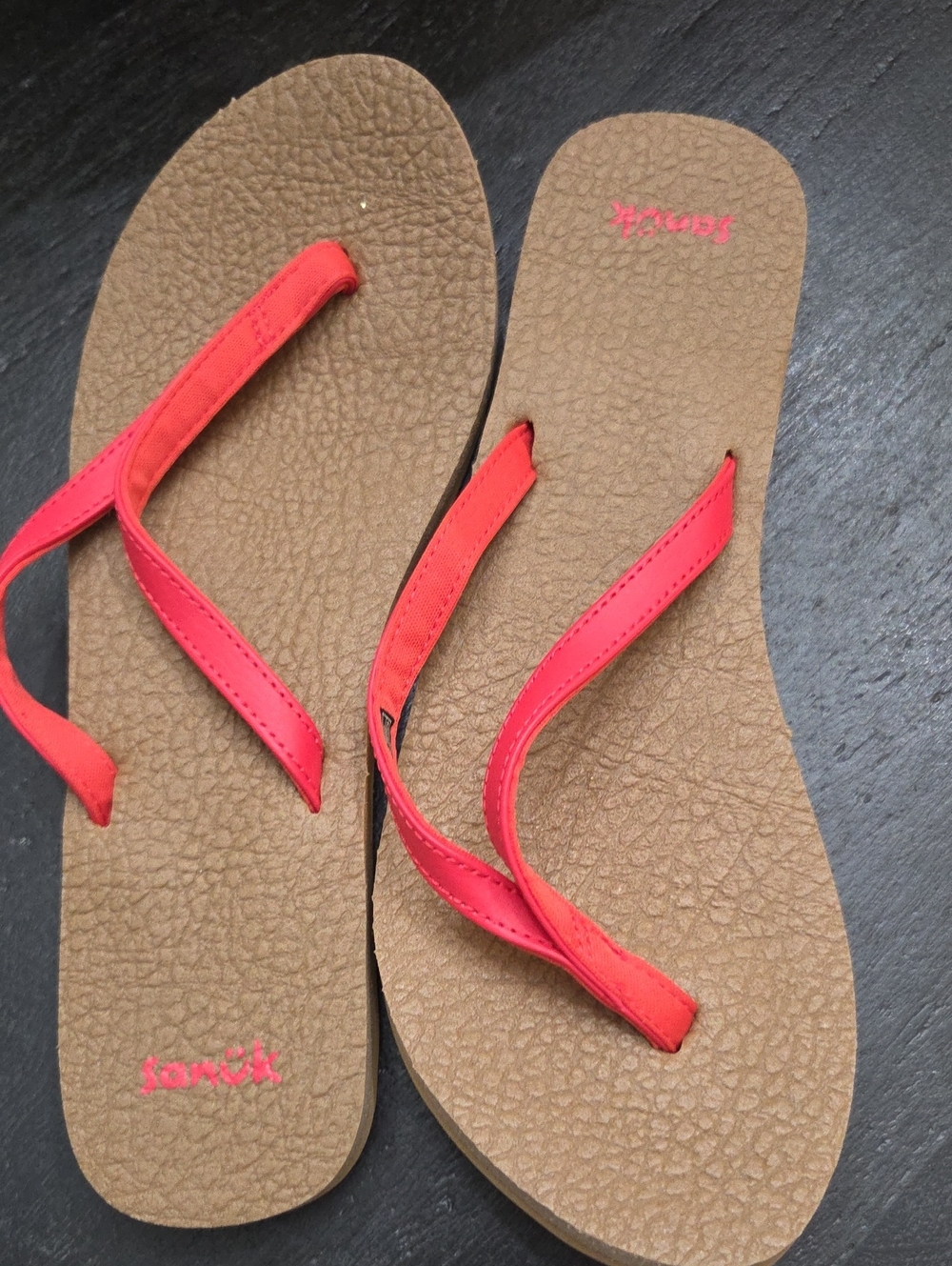 Sanuk Coral-Pink Strap Brown Footbed Flip Flop Sandals